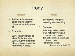 IronyDramaticAudience is aware of certain facts that the characters are ignorant of.Example:	Juliet father agrees to allow Paris to marry Juliet, but the audience already knows Juliet is married to Romeo.VerbalSaying one thing but meaning another thing.Example:Juliet says to her mother:“I will not marry yet; and, when I do, I swear,It shall be Romeo, whom you know I hate,Rather than Paris.”(Romeo and Juliet 3.5)