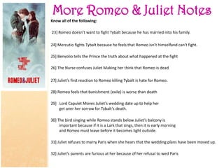 More Romeo & Juliet Notes
Know all of the following:
23] Romeo doesn’t want to fight Tybalt because he has married into his family.
24] Mercutio fights Tybalt because he feels that Romeo isn’t himselfand can’t fight.
25] Benvolio tells the Prince the truth about what happened at the fight
26] The Nurse confuses Juliet Making her think that Romeo is dead
27] Juliet’s first reaction to Romeo killing Tybalt is hate for Romeo.
28) Romeo feels that banishment (exile) is worse than death
29] Lord Capulet Moves Juliet’s wedding date up to help her
get over her sorrow for Tybalt’s death.
30] The bird singing while Romeo stands below Juliet’s balcony is
important because if it is a Lark that sings, then it is early morning
and Romeo must leave before it becomes light outside.
31] Juliet refuses to marry Paris when she hears that the wedding plans have been moved up.
32] Juliet’s parents are furious at her because of her refusal to wed Paris
 