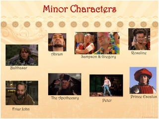 Minor Characters
Abram Rosaline
Friar John
Prince Escalus
Peter
Sampson & Gregory
The Apothecary
Balthasar
 