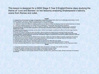 This lesson is designed for a NSW Stage 5 Year 9 English/Drama class studying the theme of ‘Love and Barriers’ (in two lessons) analysing Shakespeare’s balcony scene from Romeo and Juliet. English 1.1 respond to and compose a range of imaginative, factual and critical texts which are increasingly demanding in terms of their linguistic, structural, cognitive, emotional and moral complexity 1.2  respond to and compose more sustained texts in a range of contexts 1.5  respond to texts from different reading positions as an aspect of their developing moral and ethical stances on issues 2.1  produce sustained spoken and written texts in rehearsed, unrehearsed and impromptu situations 2.2 use writing and representing as an aid to research, planning, classifying information and learning 2.5  assess the achievements of their own and others compositions and responses according to specific guidelines of effectiveness for purpose, audience and context 3.1 respond to and compose increasingly complex texts in different technologies considering the effects of the technology including layout and design on meaning 3.2 identify and critically evaluate the ways information, ideas and issues are shaped by and presented through technology 3.3 use advanced word processing tools including formatting of references and bibliographies, formatting multiple page documents including weblinks, importing data from internet and manipulating images to compose and format texts for different purposes, audiences and contexts, including the workplace 5.3 adapt their own or familiar texts into different forms, structures, modes and media for different purposes, audiences and contexts 7.1 ask perceptive and relevant questions, make logical predictions, draw analogies and challenge ideas and information in texts  9.2 relate the content and ideas in texts to the world beyond the texts 9.3 describe ways in which their own responses to texts are personal and reflect their own context 9.4 identify different reading positions and interpretations of particular texts and appreciate distinctions in meaning 9.5 draw conclusions about their own values in relation to the values expressed and reflected by texts, and their responses to them. Drama 1.1 manipulates the elements of drama to create belief, clarity and tension in character, role, situation and action 1.2 contributes, selects, develops and structures ideas in improvisation and play building 1.3 devises, interprets and enacts drama using scripted and unscripted material or text 3.1 responds to, reflects on and evaluates elements of drama, dramatic forms, performance styles, dramatic techniques and theatrical conventions 