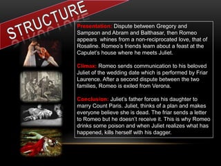 Presentation: Dispute between Gregory and
Sampson and Abram and Balthasar, then Romeo
appears whines from a non-reciprocated love, that of
Rosaline. Romeo’s friends learn about a feast at the
Capulet’s house where he meets Juliet.
Climax: Romeo sends communication to his beloved
Juliet of the wedding date which is performed by Friar
Laurence. After a second dispute between the two
families, Romeo is exiled from Verona.
Conclusion: Juliet’s father forces his daughter to
marry Count Paris. Juliet, thinks of a plan and makes
everyone believe she is dead. The friar sends a letter
to Romeo but he doesn’t receive it. This is why Romeo
drinks some poison and when Juliet realizes what has
happened, kills herself with his dagger.
 