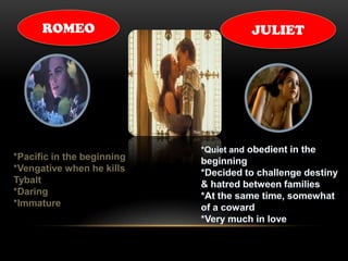 ROMEO JULIET
*Pacific in the beginning
*Vengative when he kills
Tybalt
*Daring
*Immature
 