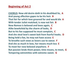 Beginning of Act 2
CHORUS: Now old desire doth in his deathbed lie, A
And young affection gapes to be his heir. B
That fair for which love groaned for and would die A
With tender Juliet matched, is now not fair. B
Now Romeo is beloved and loves again, C
Alike bewitchèd by the charm of looks, D
But to his foe supposed he must complain, C
And she steal love’s sweet bait from fearful hooks. D
Being held a foe, he may not have access E
To breathe such vows as lovers use to swear. F
And she as much in love, her means much less E
To meet her new beloved anywhere. F
But passion lends them power, time means, to meet, G
Tempering extremities with extreme sweet. G
 