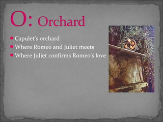 Capulet’s orchard
Where Romeo and Juliet meets
Where Juliet confirms Romeo’s love
 