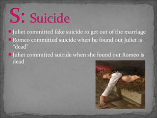 Juliet committed fake suicide to get out of the marriage
Romeo committed suicide when he found out Juliet is
 “dead”
Juliet committed suicide when she found out Romeo is
 dead
 