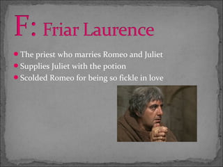 The priest who marries Romeo and Juliet
Supplies Juliet with the potion
Scolded Romeo for being so fickle in love
 