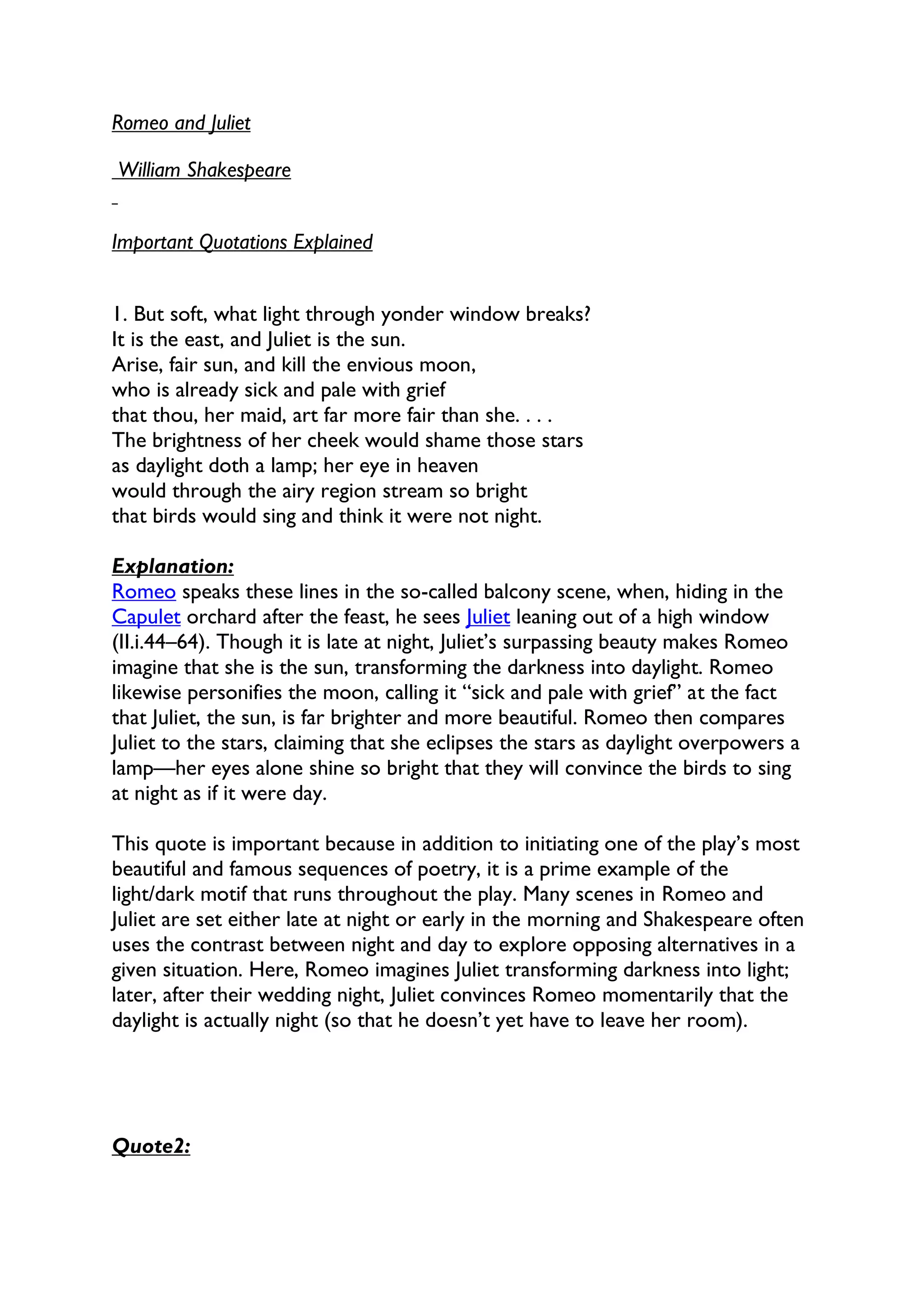 Romeo & juliet important quotes explained PDF