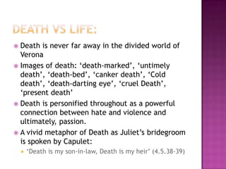 Death vs life:Death is never far away in the divided world of VeronaImages of death: ‘death-marked’, ‘untimely death’, ‘death-bed’, ‘canker death’, ‘Cold death’, ‘death-darting eye’, ‘cruel Death’, ‘present death’Death is personified throughout as a powerful connection between hate and violence and ultimately, passion.A vivid metaphor of Death as Juliet’s bridegroom is spoken by Capulet:‘Death is my son-in-law, Death is my heir’ (4.5.38-39)