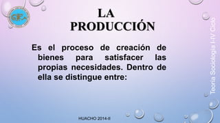 LA 
PRODUCCIÓN 
Es el proceso de creación de 
bienes para satisfacer las 
propias necesidades. Dentro de 
ella se distingue entre: 
Teoría Sociología I-IV Ciclo 
HUACHO 2014-II 
 