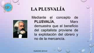 LA PLUSVALÍA 
Mediante el concepto de 
PLUSVALÍA, Marx 
demuestra que el beneficio 
del capitalista proviene de 
la explotación del obrero y 
no de la mercancía. 
Teoría Sociología I-IV Ciclo 
HUACHO 2014-II 
 