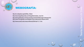 Teoría Sociología I-IV Ciclo 
WEBOGRAFÍA: 
http://en.wikipedia.org/wiki/Max_Weber 
http://www.biografiasyvidas.com/biografia/w/weber_max.htm 
http://www.gestiopolis.com/recursos/documentos/fulldocs/ger1/eemaxw.htm 
http://www.monografias.com/trabajos15/aut-clasicos/aut-clasicos.shtml 
http://www.eumed.net/cursecon/libreria/2004/rab/1.2.1.htm 
