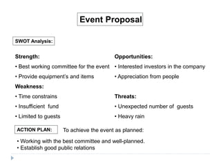 SWOT Analysis:
Event Proposal
Strength:
• Best working committee for the event
• Provide equipment’s and items
Weakness:
• Time constrains
• Insufficient fund
• Limited to guests
Opportunities:
• Interested investors in the company
• Appreciation from people
Threats:
• Unexpected number of guests
• Heavy rain
ACTION PLAN: To achieve the event as planned:
• Working with the best committee and well-planned.
• Establish good public relations
 