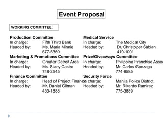 WORKING COMMITTEE:
Event Proposal
Production Committee
In charge: Fifth Third Bank
Headed by: Ms. Maria Minnie
677-5369
Marketing & Promotions Committee
In charge: Greater Detroit Area
Headed by: Ms. Stacy Castro
748-2545
Finance Committee
In charge: Head of Project Finance
Headed by: Mr. Daniel Gilman
433-1888
Medical Service
In charge: The Medical City
Headed by: Dr. Christoper Sablan
419-1001
Prize/Giveaways Committee
In charge: Philippine Franchise Assoc
Headed by: Mr. Carlos Gonzaga
774-8585
Security Force
In charge: Manila Police District
Headed by: Mr. Rikardo Ramirez
775-3889
 