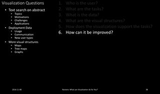 Visualization Questions 1. Who is the user?
2. What are the tasks?
3. What is the data?
4. What are the visual structures?
5. How does the visualization support the tasks?
6. How can it be improved?
• Text search on abstract
• Topics
• Motivations
• Challenges
• Applications
• Deployment Data
• Usage
• Communication
• New user types
• More visual structures
• Maps
• Tree maps
• Graphs
2016-11-08 Romero: What can Visualization do for You? 38
 