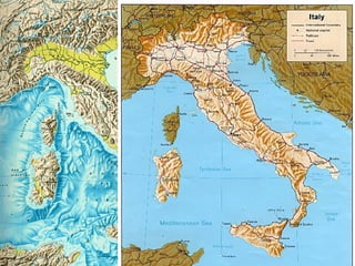 Italy is a peninsula about 750 miles long Apennine  (A PUN NAY)   Mountains run down the center Not rugged like in Greece, provides Good Farming 