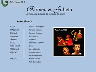 Romeu & JulietaA pequena história da história do amorFICHA TÉCNICAAUTORWillian ShakespeareTRADUÇÃO     	Adriano CyprianoDIREÇÃO	      	Adriano CyprianoDURAÇÃO 	      	60 minutosGÊNERO	      	TragédiaESTILO	      	CommediaDell’ArteFAIXA ETÁRIALivrePRODUÇÃO		Karina Zichelle1º ELENCO		NathaliaMafort		Ricardo Bretones2º ELENCO		Karina ZichelleRafaBermudes