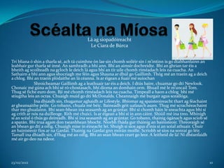 Lá ag siopadóireacht
                                           Le Ciara de Búrca


Trí bliana ó shin a tharla sé, ach tá cuimhne ón lae sin chomh soiléir sin í m’intinn is go dtabhanfainn an
leabhair gur tharla sé inné. An samhradh a bhí ann. Bhí an aimsir dochreidte. Bhí an ghrian tar éis a
bheith ag scoilteadh na gcloch le deich lá agus bhí an tír uíle chomh ríméadach leis na cuacha. An
Sathairn a bhí ann agus shocriagh me féin agus Shauna ar dhúl go Gaillimh. Thóg mé an traein ag a deich
a chlog. Bhí an traein plódaithe an lá céanna. Is ar éigean a fuair mé suíochan
             Shroicheamar Gaillimh ag a leathuair tar éis a deich. I dtús baire, chuamar go dtí Newlook.
Chonaic mé gúna ach bhí sé ró-chostasach, bhí díoma an domhain orm. Bhuail mé le m’uncail Tom.
Thug sé fiche euro dom. Bjí mé chomh ríméadach leis na cuacha. Timpeall a haon a chlog bhí mé
stiugtha leis an ocras. Chuaigh muid go dtí McDonalds. Cheannaigh mé burgair agus sceallóga.
             Ina dhiaidh sin, thugamar aghaidh ar Lifestyle. Bhíomar ag spaisteoireacht thart ag féachaint
ar gheansaithe péile. Go tobann, chuala mé béic. Baineadh géit uafasach asam. Thug mé scrachéeachaint
thar mo ghualainn. Bhí sean-bhean ina seasamh ag an gcúntar. Bhí sí chomh báin le sneachta agus bhí sí
ag crith ar nós na duilleoge. Rith mé chuici. Is ar éigean a bhí sí in ann cáint. Shiúil mé ina treo. Mhínigh
sí an scéal ó thús go deireadh. Bhí sí ina seasamh ag an gcúntar. Go tobann, thainig ógánach agus sciob sé
a sparán. Bhí trua agam don tseanbhean bhocht. Níorbh fháda gur tháinig an bainisteoir. Threoraigh sé
an bhean go dtí a oifig. Chuaigh mise in éineacht leí. Shuigh sí síos agus d’inis sí an scéal athuair. Chuir
an bainisteoir fíos ar na Gardaí. Thainig na Gardaí gnn mórán moille. Scríobh sé síos na sonraí go léir.
Tamall ina dhiadh sin, d’fhag mé an oifig. Bhí an sean bhean ceart go leor. A leitheíd de lá! Ní dhéanfaidh
mé air go deo na ndeor.




23/02/2012                                                                                                      10
 