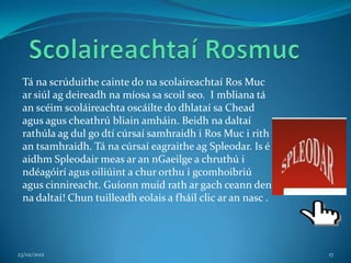 Tá na scrúduithe cainte do na scolaireachtaí Ros Muc
 ar siúl ag deireadh na míosa sa scoil seo. I mbliana tá
 an scéim scoláireachta oscáilte do dhlataí sa Chead
 agus agus cheathrú bliain amháin. Beidh na daltaí
 rathúla ag dul go dtí cúrsaí samhraidh i Ros Muc i rith
 an tsamhraidh. Tá na cúrsaí eagraithe ag Spleodar. Is é
 aidhm Spleodair meas ar an nGaeilge a chruthú i
 ndéagóirí agus oiliúint a chur orthu i gcomhoibriú
 agus cinnireacht. Guíonn muid rath ar gach ceann den
 na daltaí! Chun tuilleadh eolais a fháil clic ar an nasc .




23/02/2012                                                    17
 