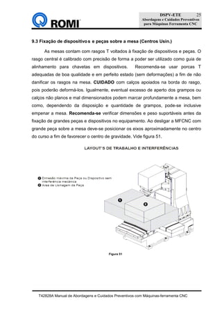 DSPV-ETE
Abordagens e Cuidados Preventivos
para Máquinas Ferramenta CNC
T42828A Manual de Abordagens e Cuidados Preventivos com Máquinas-ferramenta CNC
25
9.3 Fixação de dispositivos e peças sobre a mesa (Centros Usin.)
As mesas contam com rasgos T voltados à fixação de dispositivos e peças. O
rasgo central é calibrado com precisão de forma a poder ser utilizado como guia de
alinhamento para chavetas em dispositivos. Recomenda-se usar porcas T
adequadas de boa qualidade e em perfeito estado (sem deformações) a fim de não
danificar os rasgos na mesa. CUIDADO com calços apoiados na borda do rasgo,
pois poderão deformá-los. Igualmente, eventual excesso de aperto dos grampos ou
calços não planos e mal dimensionados podem marcar profundamente a mesa, bem
como, dependendo da disposição e quantidade de grampos, pode-se inclusive
empenar a mesa. Recomenda-se verificar dimensões e peso suportáveis antes da
fixação de grandes peças e dispositivos no equipamento. Ao desligar a MFCNC com
grande peça sobre a mesa deve-se posicionar os eixos aproximadamente no centro
do curso a fim de favorecer o centro de gravidade. Vide figura 51.
Figura 51
 
