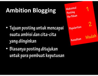 Ambition?Blogging
Ambition Blogging

? Tujuan posting untuk mencapai
  suatu ambisi dan cita-cita
  yang diinginkan
? Bi
  Biasanya posting di j k
                i ditujukan
  untuk para pembuat keputusan
 