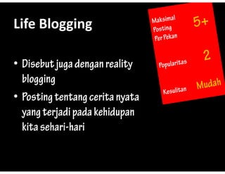 Life?Blogging
Life Blogging

? Disebut juga dengan reality
  blogging
? Posting tentang cerita nyata
  yang terjadi pada k hid
           j di d kehidupan
  kita sehari-hari
       sehari hari
 