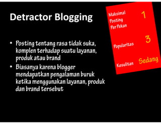 Detractor?Blogging
Detractor Blogging

? Posting tentang rasa tidak suka,
        g       g
  komplen terhadap suatu layanan,
  p
  produk atau brand
? Biasanya karena blogger
  mendapatkan pengalaman buruk
         p     p g
  ketika menggunakan layanan, produk
  dan brand tersebut
 