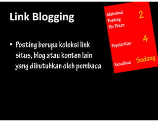 Link?Blogging
Link Blogging

? Posting berupa koleksi link
  situs, blog atau konten lain
  yang dibutuhkan oleh pembaca
 