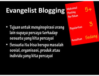 Evangelist?Blogging
Evangelist Blogging

? Tujuan untuk menginspirasi orang
     j              g p           g
  lain supaya percaya terhadap
  sesuatu yang kita percayai
? Sesuatu itu bisa berupa masalah
                         p
  sosial, organisasi, produk atau
  individu yang kita percayai
 
