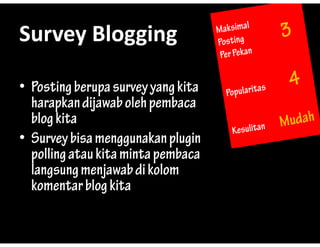 Survey?Blogging
Survey Blogging

? Posting berupa survey y g kita
         g     p        y yang
  harapkan dijawab oleh pembaca
  blog kita
     g
? Survey bisa menggunakan plugin
  polling atau kita minta pembaca
  langsung menjawab di kolom
  komentar blog kita
 