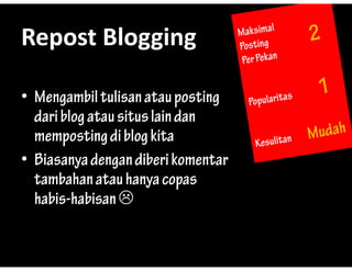 Repost?Blogging
Repost Blogging

? Mengambil tulisan atau posting
       g                    p   g
  dari blog atau situs lain dan
  memposting di blog kita
? Biasanya dengan diberi komentar
          y     g
  tambahan atau hanya copas
  habis-habisan ?
  habis habisan
 