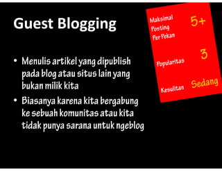 Guest?Blogging
Guest Blogging

? Menulis artikel yang dipublish
                  y g p
  pada blog atau situs lain yang
  bukan milik kita
? Biasanya karena kita bergabung
         y                 g     g
  ke sebuah komunitas atau kita
  tidak punya sarana untuk ngeblog
 