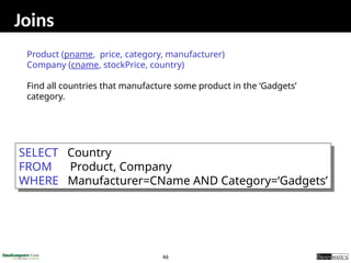 46
Joins
Product (pname, price, category, manufacturer)
Company (cname, stockPrice, country)
Find all countries that manufacture some product in the ‘Gadgets’
category.
SELECT Country
FROM Product, Company
WHERE Manufacturer=CName AND Category=‘Gadgets’
 