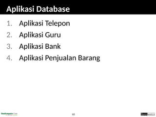 65
Aplikasi Database
1. Aplikasi Telepon
2. Aplikasi Guru
3. Aplikasi Bank
4. Aplikasi Penjualan Barang
 