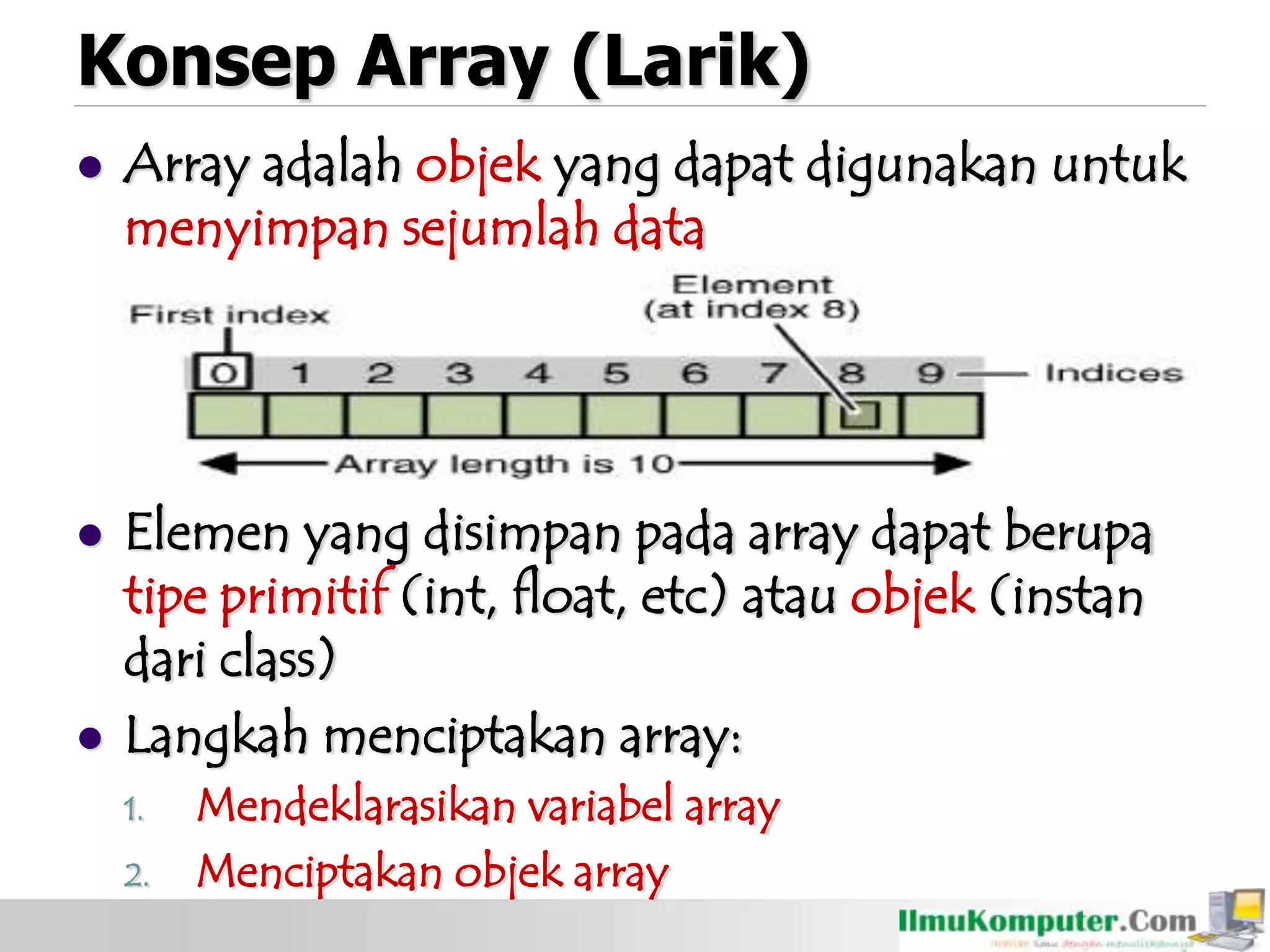Konsep Array (Larik)
 Array adalah objek yang dapat digunakan untuk
menyimpan sejumlah data
 Elemen yang disimpan pada array dapat berupa
tipe primitif (int, float, etc) atau objek (instan
dari class)
 Langkah menciptakan array:
1. Mendeklarasikan variabel array
2. Menciptakan objek array
 