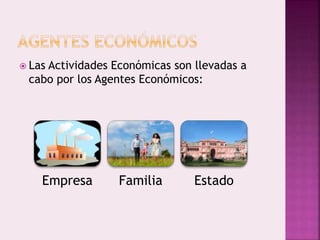  Las Actividades Económicas son llevadas a
cabo por los Agentes Económicos:
Empresa Familia Estado
 