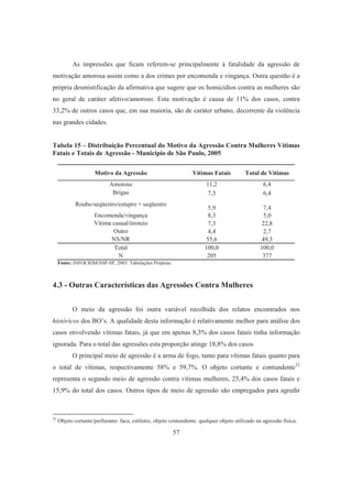 As impressões que ficam referem-se principalmente à fatalidade da agressão de 
motivação amorosa assim como a dos crimes por encomenda e vingança. Outra questão é a 
própria desmistificação da afirmativa que sugere que os homicídios contra as mulheres são 
no geral de caráter afetivo/amoroso. Esta motivação é causa de 11% dos casos, contra 
33,2% de outros casos que, em sua maioria, são de caráter urbano, decorrente da violência 
nas grandes cidades. 
Tabela 15 – Distribuição Percentual do Motivo da Agressão Contra Mulheres Vítimas 
Fatais e Totais de Agressão - Município de São Paulo, 2005 
Motivo da Agressão Vítimas Fatais Total de Vítimas 
Amoroso 11,2 6,4 
Brigas 7,3 6,4 
57 
Roubo/seqüestro/estupro + seqüestro 
5,9 7,4 
Encomenda/vingança 8,3 5,0 
Vítima casual/tiroteio 7,3 22,8 
Outro 4,4 2,7 
NS/NR 55,6 49,3 
Total 100,0 100,0 
N 205 377 
Fonte: INFOCRIM/SSP-SP, 2005. Tabulações Próprias. 
4.3 - Outras Características das Agressões Contra Mulheres 
O meio da agressão foi outra variável recolhida dos relatos encontrados nos 
históricos dos BO’s. A qualidade desta informação é relativamente melhor para análise dos 
casos envolvendo vítimas fatais, já que em apenas 8,3% dos casos fatais tinha informação 
ignorada. Para o total das agressões esta proporção atinge 18,8% dos casos 
O principal meio de agressão é a arma de fogo, tanto para vítimas fatais quanto para 
o total de vítimas, respectivamente 58% e 59,7%. O objeto cortante e contundente32 
representa o segundo meio de agressão contra vítimas mulheres, 25,4% dos casos fatais e 
15,9% do total dos casos. Outros tipos de meio de agressão são empregados para agredir 
32 Objeto cortante/perfurante: faca, estiletes; objeto contundente: qualquer objeto utilizado na agressão física. 
 