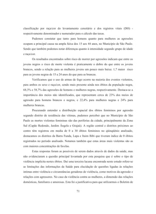 classificação por raça/cor do levantamento censitário e dos registros vitais (DO) - 
respectivamente denominador e numerador para o cálculo das taxas. 
Pudemos constatar que tanto para homens quanto para mulheres as agressões 
ocupam a principal causa na ampla faixa dos 15 aos 44 anos, no Município de São Paulo. 
Sendo que também podemos notar diferenças quanto à intensidade segundo grupo de idade 
e raça/cor. 
Os resultados encontrados sobre risco de morrer por agressões indicam que entre os 
jovens negros o risco de morte violenta é praticamente o dobro do que entre os jovens 
brancos, sendo a relação para as mulheres jovens um pouco mais baixa: 1,7 maior risco 
para as jovens negras de 15 a 24 anos do que para as brancas. 
Verificamos que o uso de armas de fogo ocorre na maioria dos eventos violentos, 
para ambos os sexo e raça/cor, sendo mais presente ainda nos óbitos da população negra, 
68,3% e 58,7% das agressões de homens e mulheres negras, respectivamente. Destaca-se a 
importância dos meios não identificados, que representam cerca de 23% dos meios de 
agressão para homens brancos e negros, e 22,4% para mulheres negras e 24% para 
mulheres brancas. 
Procurando entender a distribuição espacial dos óbitos femininos por agressão 
segundo distrito de residência das vítimas, pudemos perceber que no Município de São 
Paulo as mortes violentas femininas são das periferias da cidade, principalmente da Zona 
Sul (Capão Redondo, Jardim Ângela e Grajaú). A região central e distritos próximos ao 
centro têm registrou em media de 0 a 30 óbitos femininos no qüinqüênio analisado, 
destacamos os distritos da Barra Funda, Lapa e Itaim Bibi que tiveram índice de 0 óbitos 
registrados no período analisado. Notamos também que estas áreas mais violentas são as 
com maiores concentrações de favelas. 
Estas respostas foram as possíveis de serem dados através de dados da saúde, mas 
não evidenciaram a questão principal levantada por esta pesquisa que é sobre o tipo de 
violência implícita nestes óbitos. Daí uma terceira lacuna encontrada neste estudo refere-se 
as limitações das informações da Saúde para elucidação de questões ligadas às relações 
intimas entre violência e circunstâncias geradoras de violência, como motivos da agressão e 
relações com agressores. No caso da violência contra as mulheres, a dimensão das relações 
domésticas, familiares e amorosas. Esta foi a justificativa para que utilizarmos o Boletim de 
71 
 