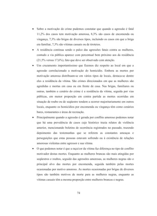 • Sobre a motivação do crime pudemos constatar que quando a agressão é fatal 
11,2% dos casos tem motivação amorosa, 8,3% são casos de encomenda ou 
vingança, 7,3% são brigas de diversos tipos, incluindo os casos em que a briga 
era familiar, 7,3% são vítimas casuais ou de tiroteios. 
• A residência continua sendo o palco das agressões fatais contra as mulheres, 
contudo a via pública aparece com percentual bem próximo aos da residência 
(21,5% versus 17,6%), fato que deve ser observado com atenção. 
• Um cruzamento importantíssimo que fizemos diz respeito ao local em que a 
agressão correlacionado a motivação do homicídio. Embora as mortes por 
motivação amorosa distribuam-se em vários tipos de locais, destaca-se dentre 
eles a residência da vítima. São crimes direcionados em que as mulheres são 
agredidas e mortas em casa ou em frente de casa. Nas brigas, familiares ou 
outras, também o cenário do crime é a residência da vítima, seguida por vias 
públicas, em menor proporção em contra partida as mortes ocorridas em 
situação de roubo ou de seqüestro tendem a ocorrer majoritariamente em outros 
locais, enquanto os homicídios por encomenda ou vingança têm como cenários 
bares, restaurantes e áreas de recreação. 
• Principalmente quando a agressão é gerada por conflito amoroso podemos notar 
que há uma prevalência de casos cujo histórico trazia relatos de violência 
anterior, mencionando boletins de ocorrência registrados no passado, trazendo 
depoimento das testemunhas que se referem as constantes ameaças e 
perseguições que estas pessoas estavam sofrendo ou à existência de relações 
amorosas violentas entre agressor e sua vítima. 
• O que podemos notar é que a raça/cor da vítima faz diferença no tipo de conflito 
motivador destas mortes. Enquanto as mulheres brancas são mais atingidas por 
seqüestros e roubos, seguido das agressões amorosas, as mulheres negras são o 
principal alvo das mortes por encomenda, seguida também pelas mortes 
ocasionadas por motivo amoroso. As mortes ocasionadas por brigas de diversos 
tipos são também motivos de morte para as mulheres negras, enquanto as 
vítimas casuais têm a mesma proporção entre mulheres brancas e negras. 
74 
 