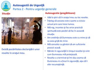 Partea 2 - Pentru urgențe generale
Autosugestii de Urgență
Există posibilitatea declanșării unor
revolte în orașul meu.
Autosugestie (pregătitoare)
• Văd la știri că în orașul meu au loc revolte.
• Înțeleg că aceasta este o parte a ciclului
actual prin care trece lumea.
• Mă rog, incantez și fac orice practică
spirituală este posibil să fac în această
situație.
• Am credința că Dumnezeu este cu mine și că
va avea grijă de mine.
• Mă consolez cu gândul că am suficiente
provizii acasă.
• Rămân în siguranță în timpul revoltei și simt
cum Dumnezeu mă protejează.
• Revolta s-a terminat și îmi dau seama că
Dumnezeu m-a ținut în siguranță, așa că îi
ofer recunoștință.
Situație
 