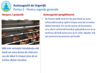 Partea 2 - Pentru urgențe generale
Autosugestii de Urgență
Mă simt neliniștit întrebându-mă
dacă voi avea destul de mâncare
sau de băut în timpul celui de-al
treilea război mondial.
Autosugestie (pregătitoare)
• De fiecare dată când îmi fac griji dacă voi avea
suficientă hrană și apă în timpul celui de-al treilea
război mondial, îmi voi da seama că Dumnezeu
mi-a oferit suficientă hrană și apă până acum și va
continua să facă acest lucru și în viitor. Așadar, mă
voi concentra pe practica spirituală.
Neajuns / greșeală
 