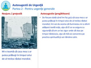 Partea 2 - Pentru urgențe generale
Autosugestii de Urgență
Mi-e teamă că casa mea s-ar
putea prăbuși în timpul celui
de-al treilea război mondial.
Autosugestie (pregătitoare)
• De fiecare dată când îmi fac griji că casa mea s-ar
putea prăbuși în timpul celui de-al treilea război
mondial, îmi voi da seama că Dumnezeu mi-a oferit
adăpost toată viața, așa că El se va asigura cu
siguranță că am un loc sigur unde să stau pe
timpul războiului, așa că mă voi concentra pe
practica spirituală și voi rămâne calm.
Neajuns / greșeală
 