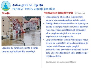 Partea 2 - Pentru urgențe generale
Autosugestii de Urgență
Locuiesc cu familia mea într-o zonă
care este predispusă la inundații.
Autosugestie (pregătitoare)
• Îmi dau seama că membrii familiei mele
locuiesc într-o zonă predispusă la inundații.
• Înțeleg că cel mai bun mod în care îi pot ajuta
este să îi anunț că riscul de inundații este mai
mare în perioada următoare, să îi încurajez
să se pregătească și să le spun despre
importanța practicii spirituale.
• Le spun membrilor familiei mele despre riscul
crescut de inundații în perioada următoare și
despre modul în care se pot pregăti,
educându-se cu privire la ce trebuie să facă în
cazul unei inundații și cum să se protejeze pe
ei și bunurile lor.
Situație Versiunea 2
Continuare pe pagina următoare
 