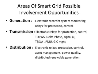 Areas Of Smart Grid Possible
         Involvement Opportunities
• Generation :      Electronic recorder system monitoring
•                   relays for protection, control
• Transmission : Electronic relays for protection, control
•                   TOEWS, Delta-Phase, signal ai,
•                   TESLA , PMU, GIC mgnt
• Distribution :    Electronic relays protection, control,
•                   asset management, power quality,
•                   distributed renewable generation
 
