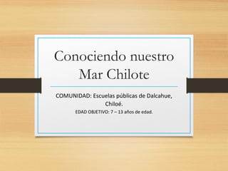 Conociendo nuestro
Mar Chilote
COMUNIDAD: Escuelas públicas de Dalcahue,
Chiloé.
EDAD OBJETIVO: 7 – 13 años de edad.
 