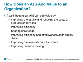 Copyright © 2021, 2018, 2015 Pearson Education, Inc. All Rights Reserved
How Does an AI S Add Value to an
Organization?
• A well thought out AI S can add value by:
– Improving the quality and reducing the costs of
products or services
– Improving efficiency
– Sharing knowledge
– Improving efficiency and effectiveness of its supply
chain
– Improving the internal control structure
– Improving decision making
 