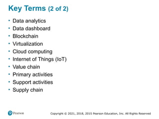 Copyright © 2021, 2018, 2015 Pearson Education, Inc. All Rights Reserved
Key Terms (2 of 2)
• Data analytics
• Data dashboard
• Blockchain
• Virtualization
• Cloud computing
• Internet of Things (IoT)
• Value chain
• Primary activities
• Support activities
• Supply chain
 
