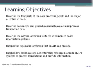 Copyright © 2015 Pearson Education, Inc.
Learning Objectives
• Describe the four parts of the data processing cycle and the major
activities in each.
• Describe documents and procedures used to collect and process
transaction data.
• Describe the ways information is stored in computer-based
information systems.
• Discuss the types of information that an AIS can provide.
• Discuss how organizations use enterprise resource planning (ERP)
systems to process transactions and provide information.
2-26
 