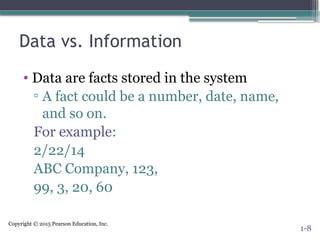 Copyright © 2015 Pearson Education, Inc.
Data vs. Information
• Data are facts stored in the system
▫ A fact could be a number, date, name,
and so on.
For example:
2/22/14
ABC Company, 123,
99, 3, 20, 60
1-8
 