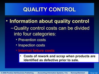 © 2008 Prentice Hall Business Publishing Accounting Information Systems, 11/e Romney/Steinbart 118 of 122
QUALITY CONTROL
• Information about quality control
–Quality control costs can be divided
into four categories:
• Prevention costs
• Inspection costs
• Internal failure costs
• Costs of rework and scrap when products are
identified as defective prior to sale.
 