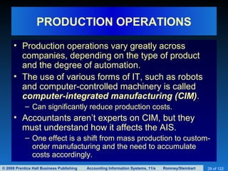 © 2008 Prentice Hall Business Publishing Accounting Information Systems, 11/e Romney/Steinbart 29 of 122
PRODUCTION OPERATIONS
• Production operations vary greatly across
companies, depending on the type of product
and the degree of automation.
• The use of various forms of IT, such as robots
and computer-controlled machinery is called
computer-integrated manufacturing (CIM).
– Can significantly reduce production costs.
• Accountants aren’t experts on CIM, but they
must understand how it affects the AIS.
– One effect is a shift from mass production to custom-
order manufacturing and the need to accumulate
costs accordingly.
 